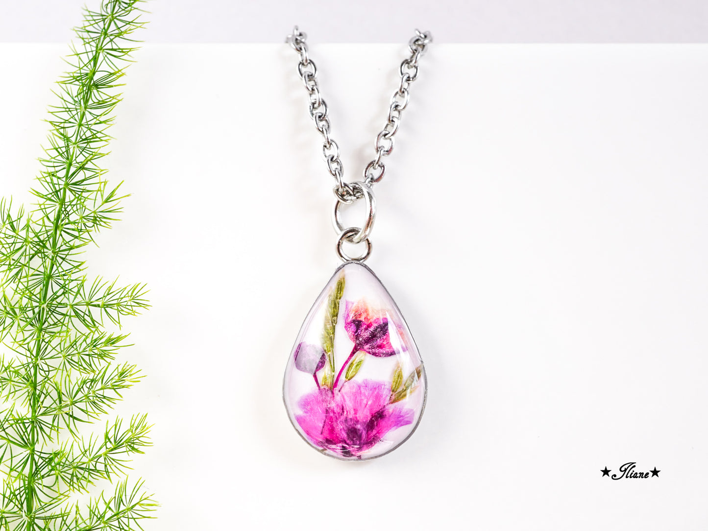 Schleierkraut pink - Kette Tropfen Edelstahl silber 0935