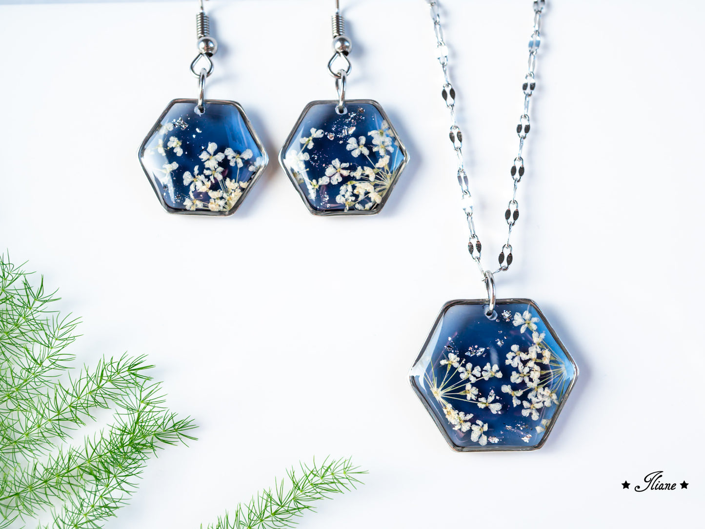 Doldenblüten onyx - SET Edelstahl silber 0872