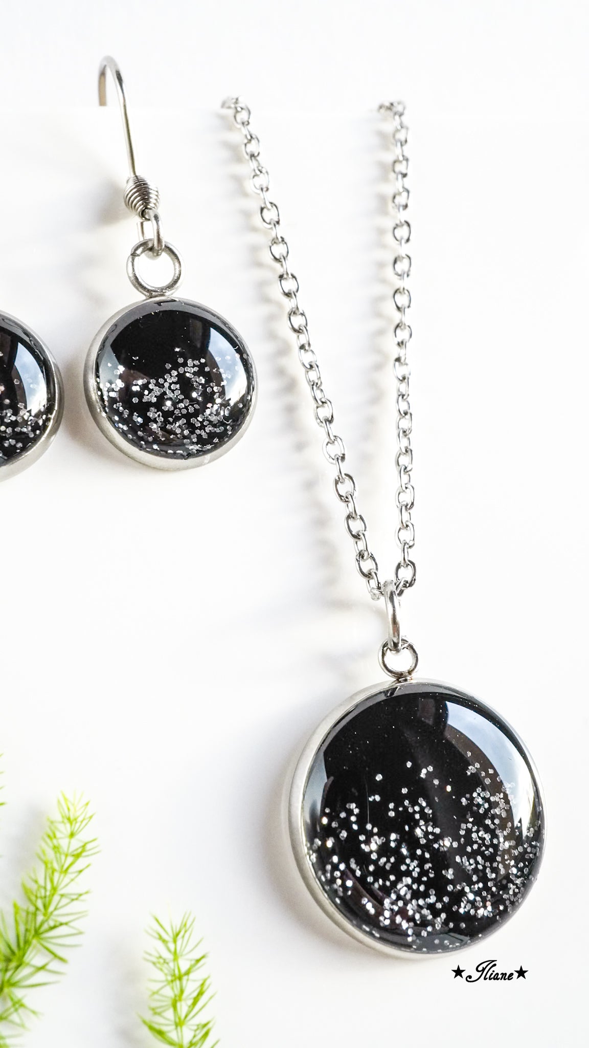 Falling Glitter - schwarz mit Glitzer - SET Edelstahl silberfarben 0815
