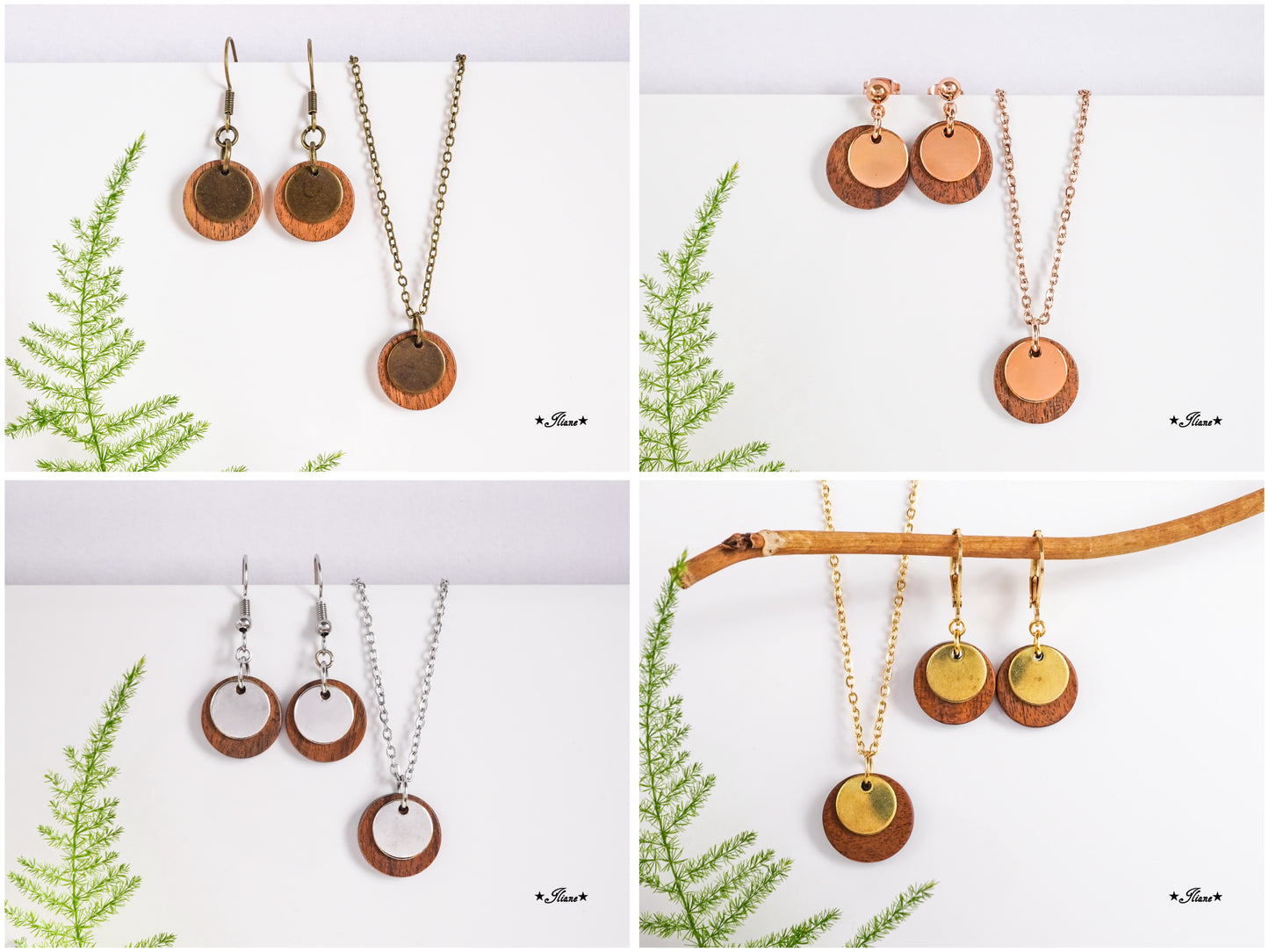 Nussbaum und Messing - SET Ohrringe und Kette silber, gold, roségold, antik bronze