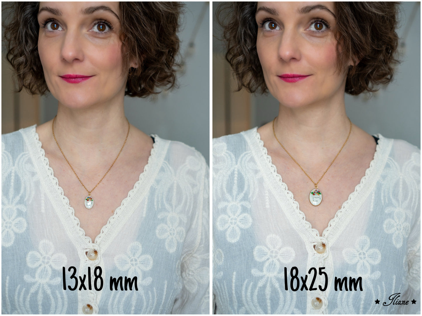 Frauenportrait mit Blumenschmuck- Kette oval Edelstahl silber, gold oder roségold 0816
