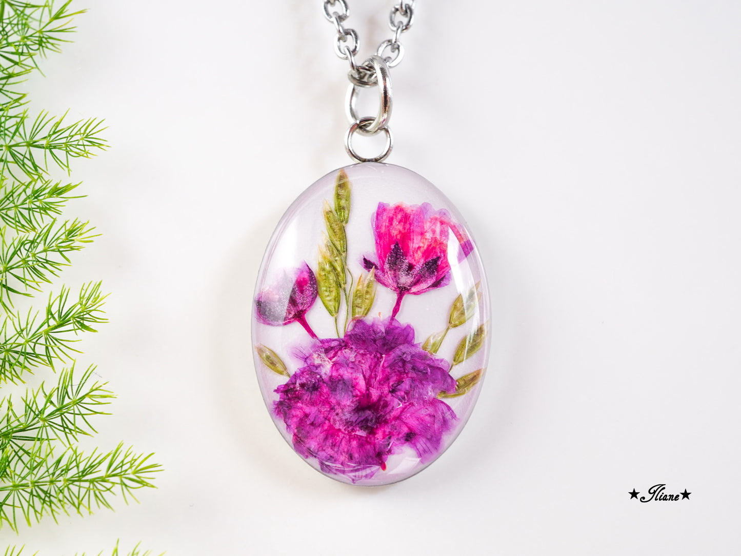 Schleierkraut pink - Kette oval Edelstahl silber 0935