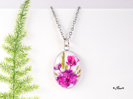 Schleierkraut pink - Kette oval Edelstahl silber 0935