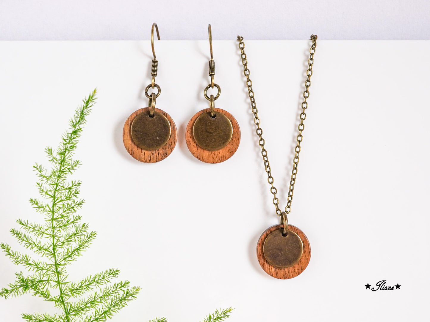 Nussbaum und Messing - SET Ohrringe und Kette silber, gold, roségold, antik bronze