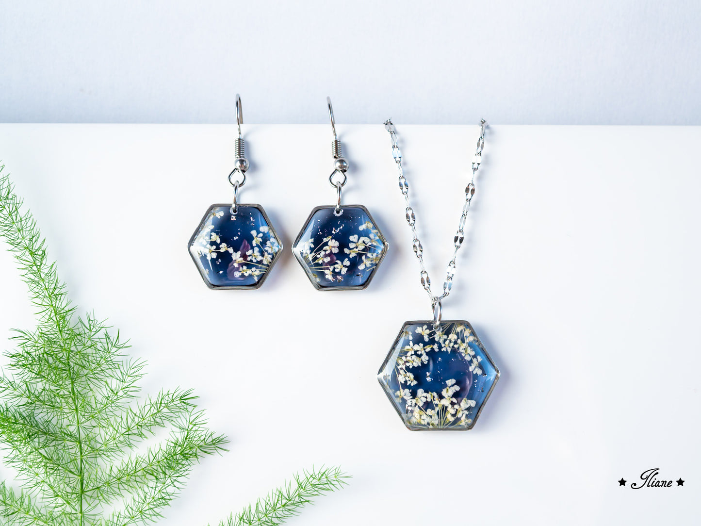Doldenblüten onyx - SET Edelstahl silber 0874