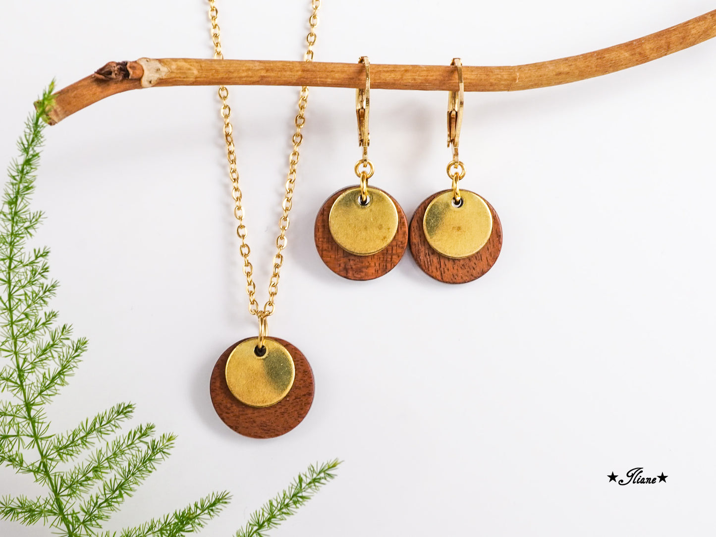 Nussbaum und Messing - SET Ohrringe und Kette silber, gold, roségold, antik bronze