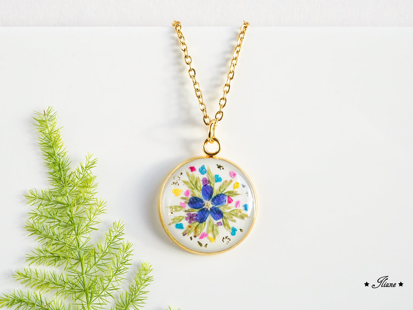 buntes Vergissmeinnicht - Kette Edelstahl gold 0817