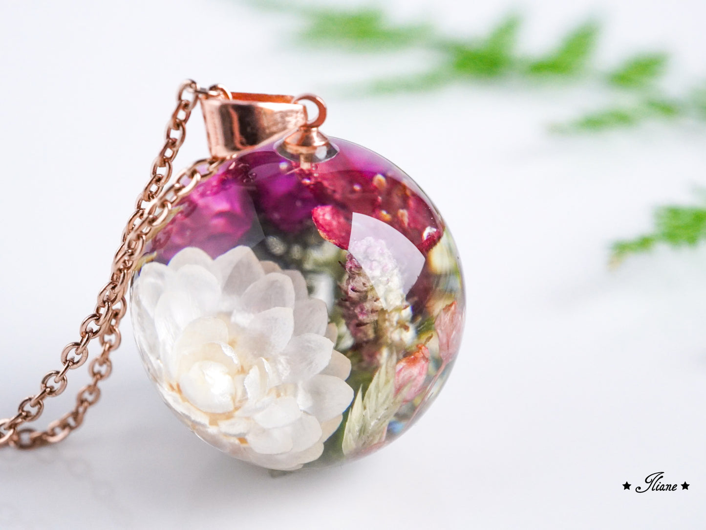 Dein persönliches Erinnerungsschmuckstück mit eigenen Blüten - Kette Kugel Edelstahl silber, gold oder roségold