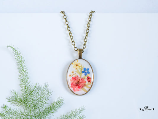 Schleierkraut rosé und Vergissmeinnicht - Kette oval antik bronze 0755