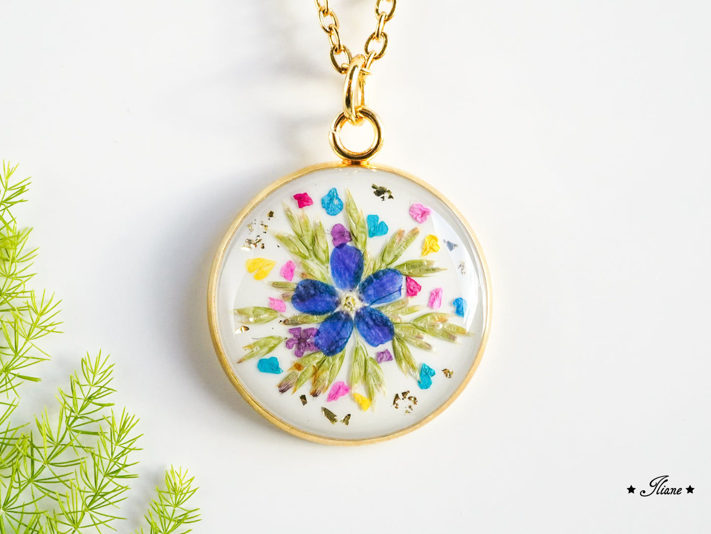 buntes Vergissmeinnicht - Kette Edelstahl gold 0817