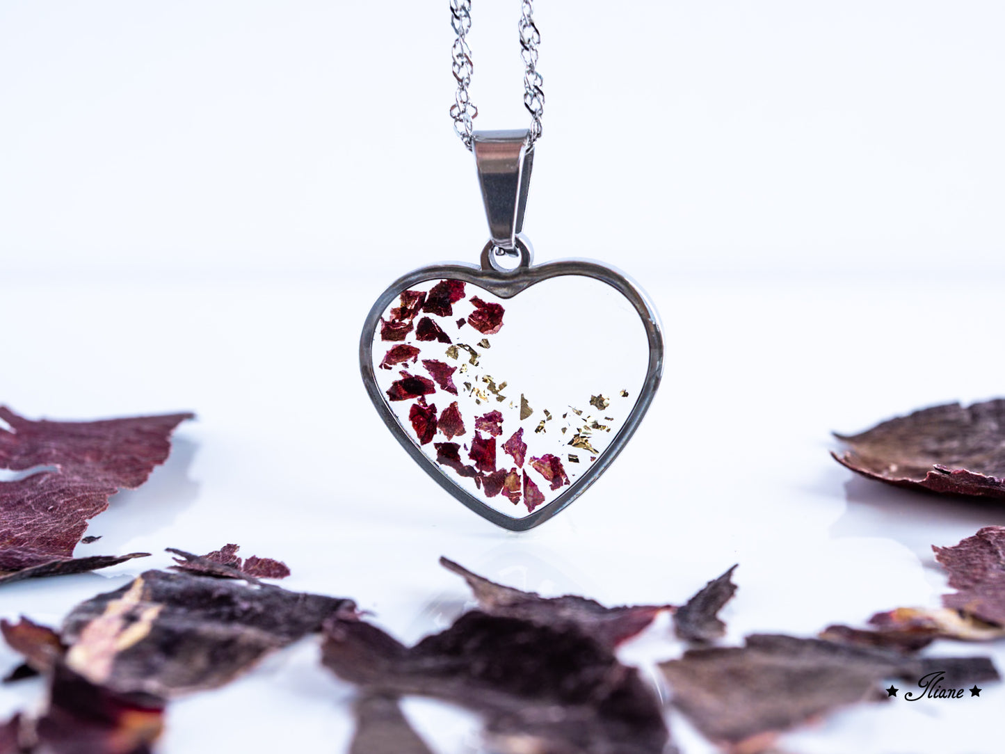 Dein persönliches Erinnerungsschmuckstück mit eigenen Blüten - Kette Herz Edelstahl silber oder gold