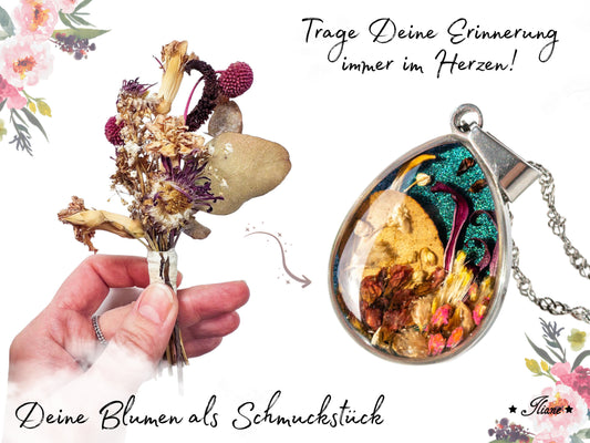Dein persönliches Erinnerungsschmuckstück mit eigenen Blüten - Kette Tropfen Edelstahl silber oder gold