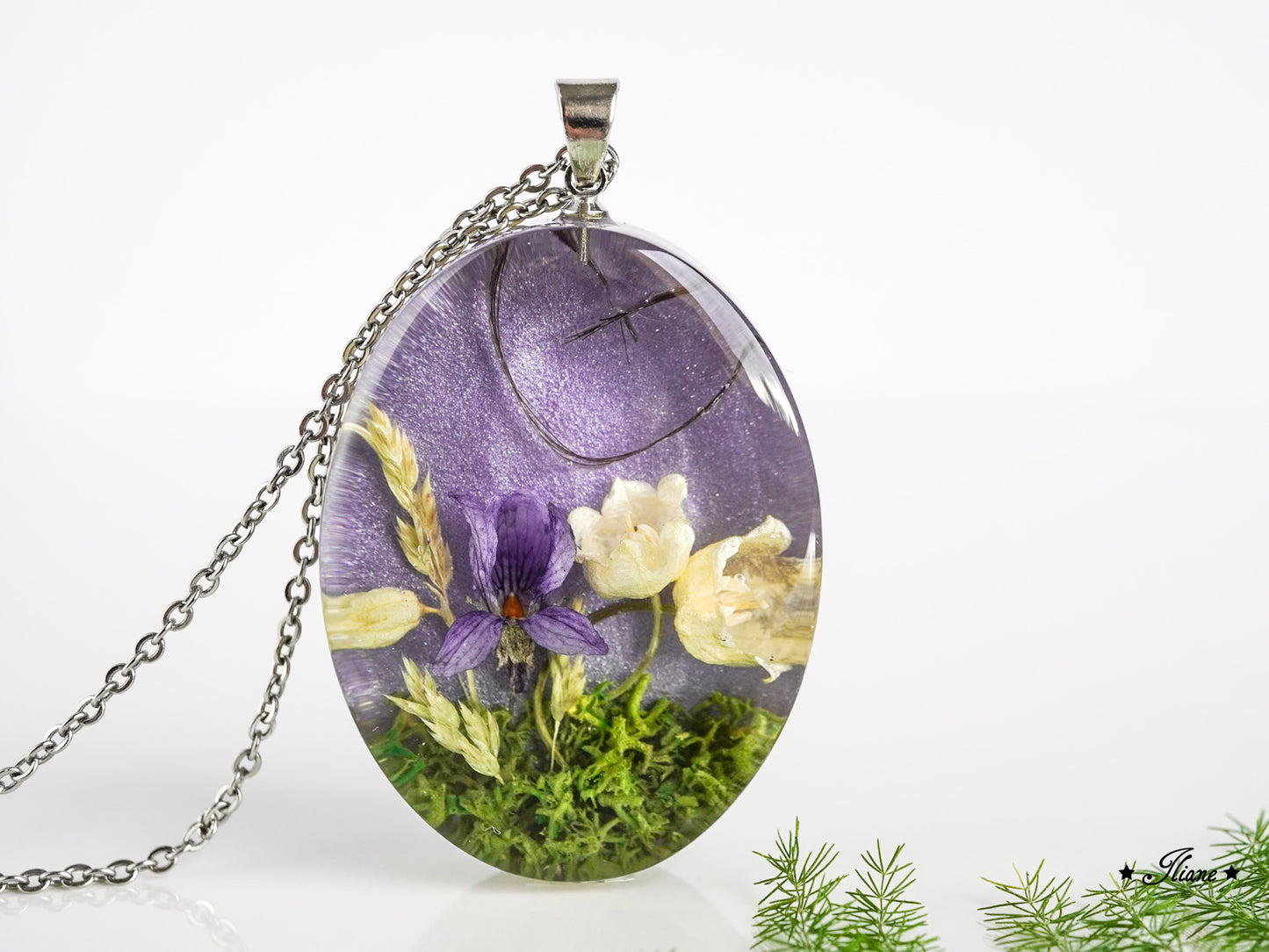 Dein persönliches Erinnerungsschmuckstück mit Haaren oder Fell und Blüten - Kette oval Edelstahl silber, gold oder roségold