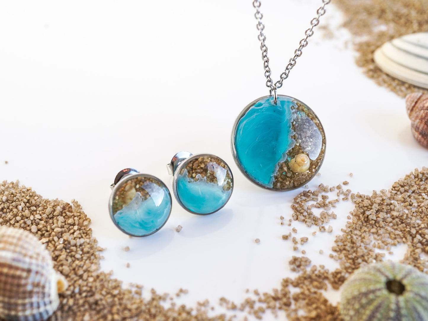 Meeresrauschen 9 - SET mit Strandsand und Muscheln - Edelstahl silber