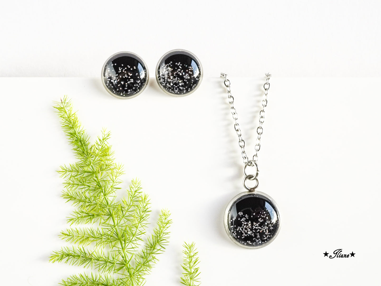 Falling Glitter - schwarz mit Glitzer - SET Edelstahl silberfarben 0815
