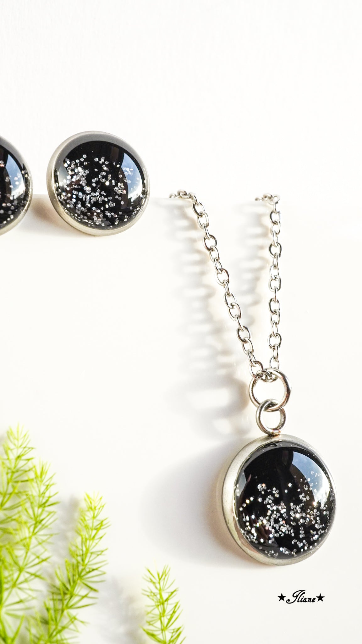 Falling Glitter - schwarz mit Glitzer - SET Edelstahl silberfarben 0815