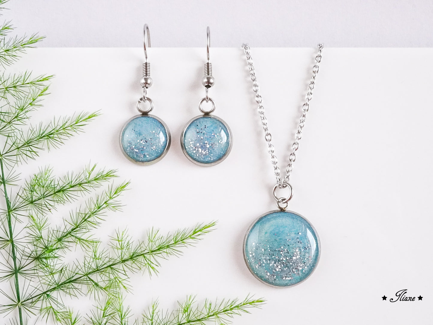 Falling Glitter - Himmelblau - SET Edelstahl silber, gold oder roségold