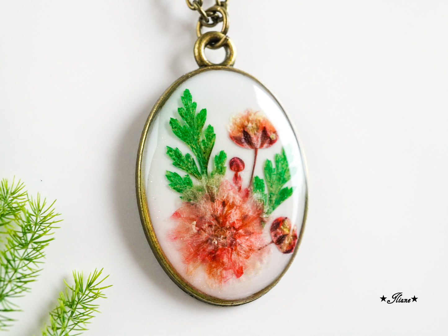 Schleierkraut rosé - Kette oval antik bronze 0808