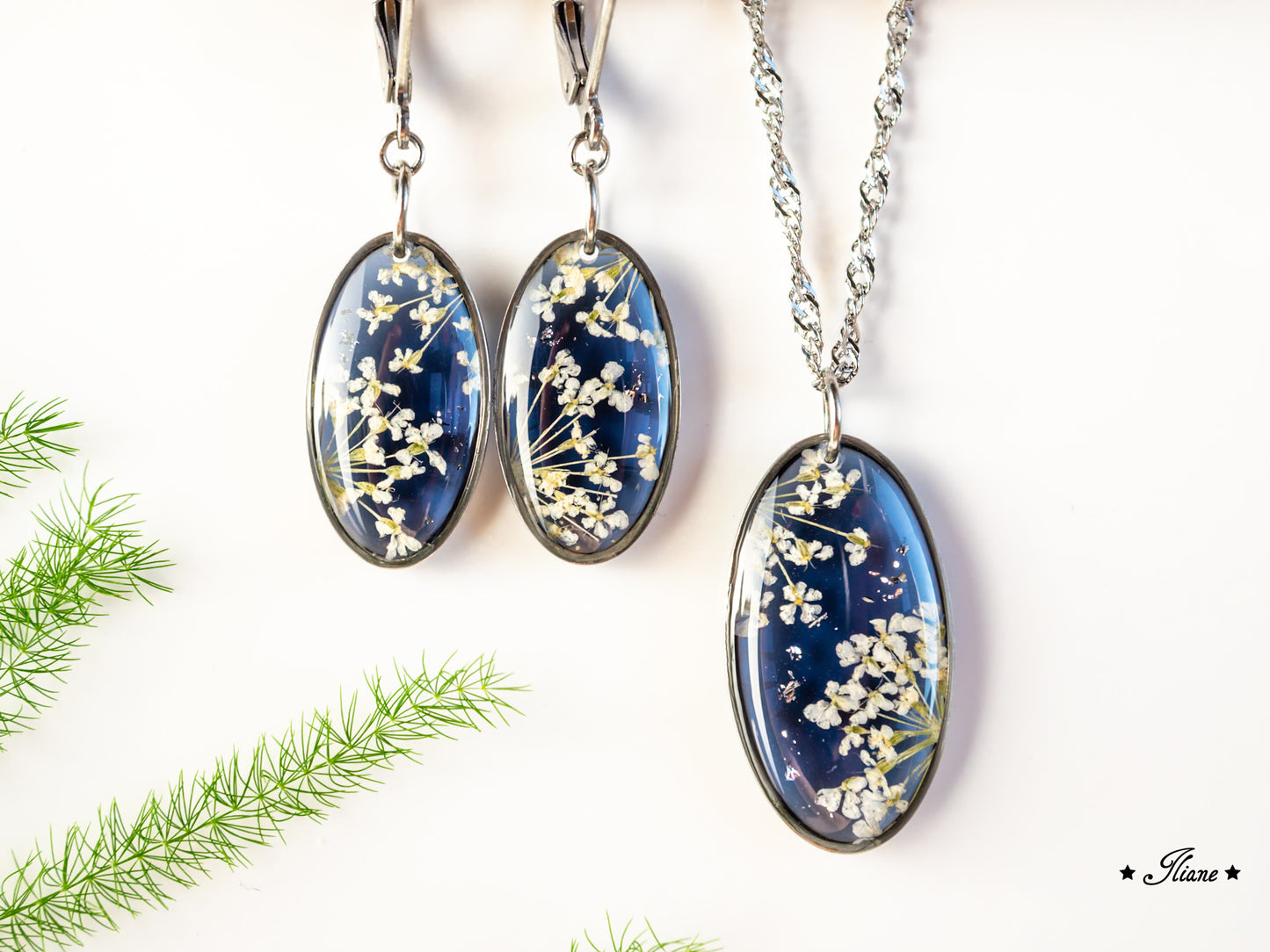 Doldenblüten onyx - SET Edelstahl silber 0881
