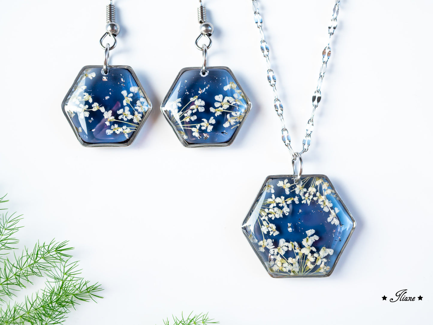 Doldenblüten onyx - SET Edelstahl silber 0874