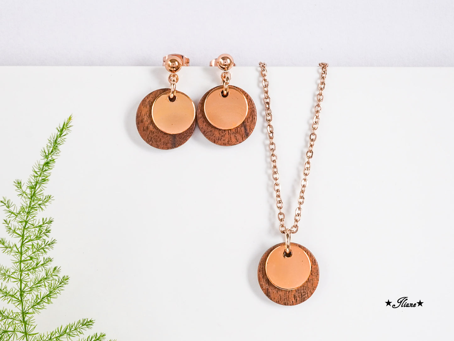 Nussbaum und Messing - SET Ohrringe und Kette silber, gold, roségold, antik bronze