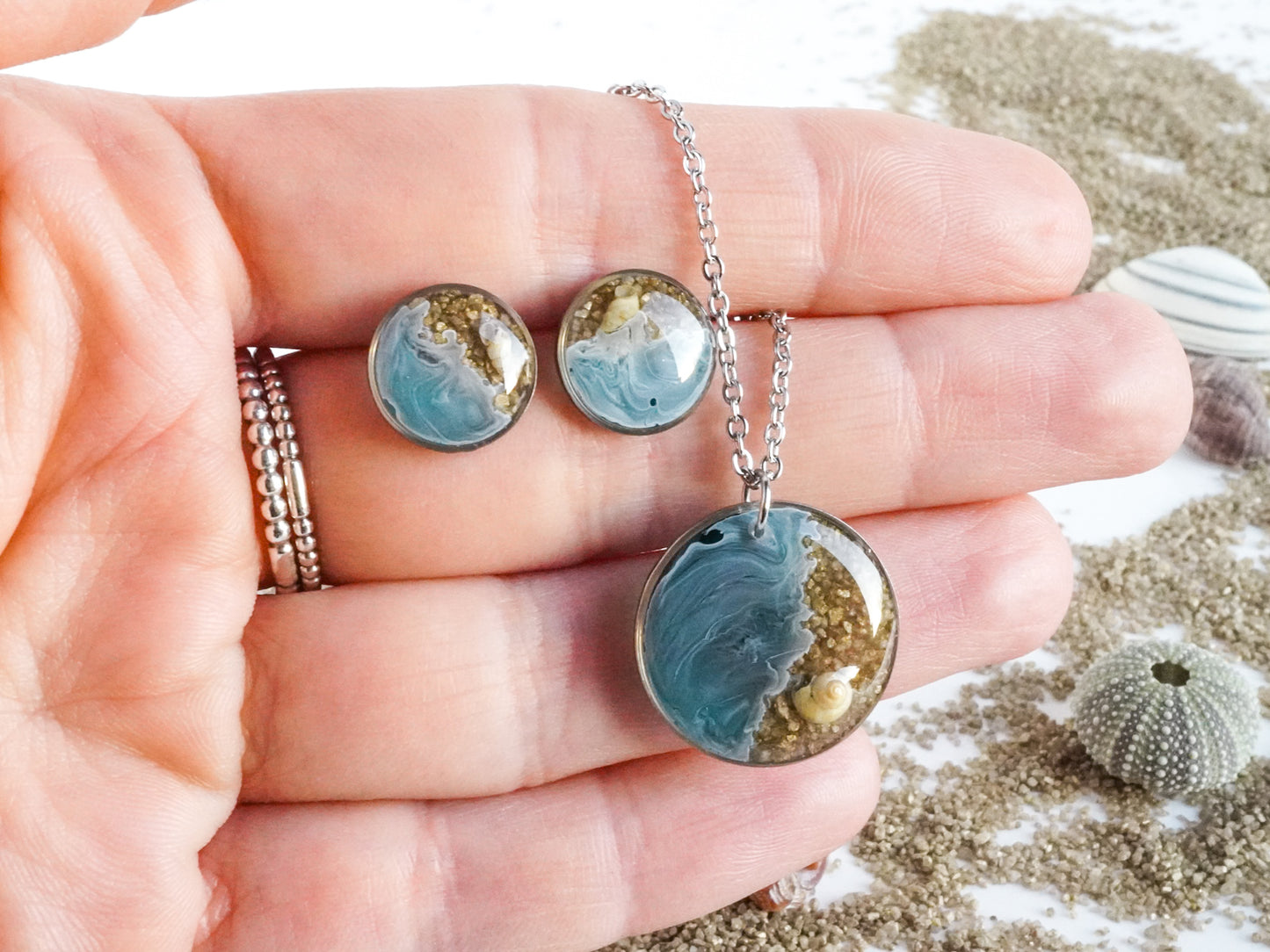 Meeresrauschen 9 - SET mit Strandsand und Muscheln - Edelstahl silber