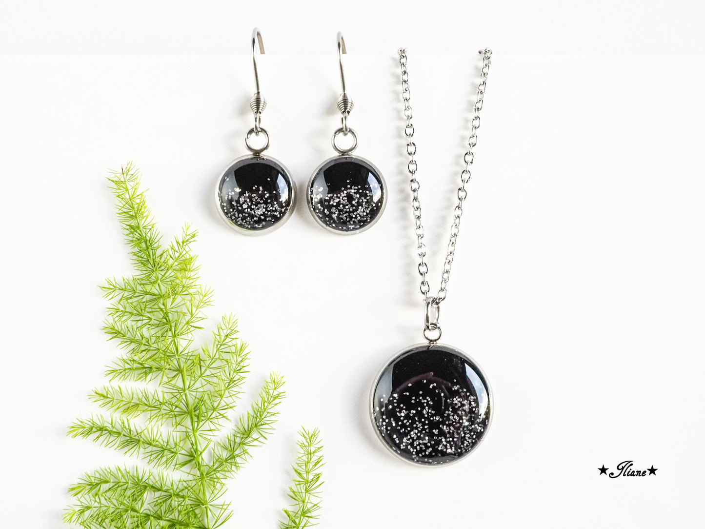 Falling Glitter - schwarz mit Glitzer - SET Edelstahl silberfarben 0815