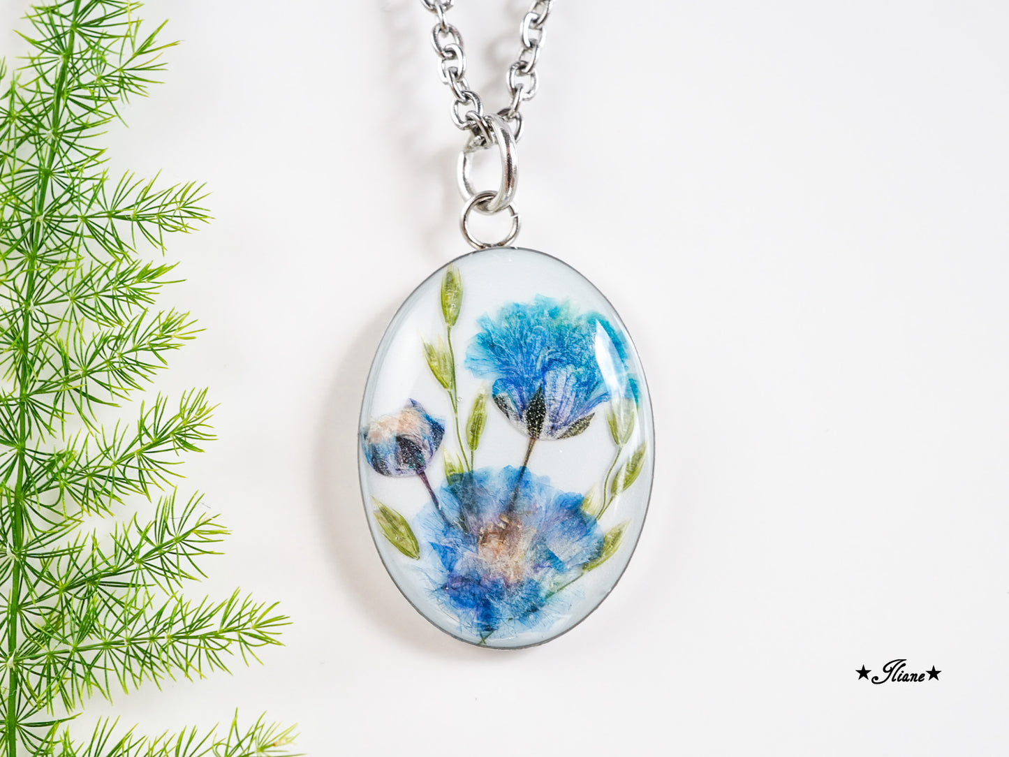 Schleierkraut blau - Kette oval Edelstahl silber 0935