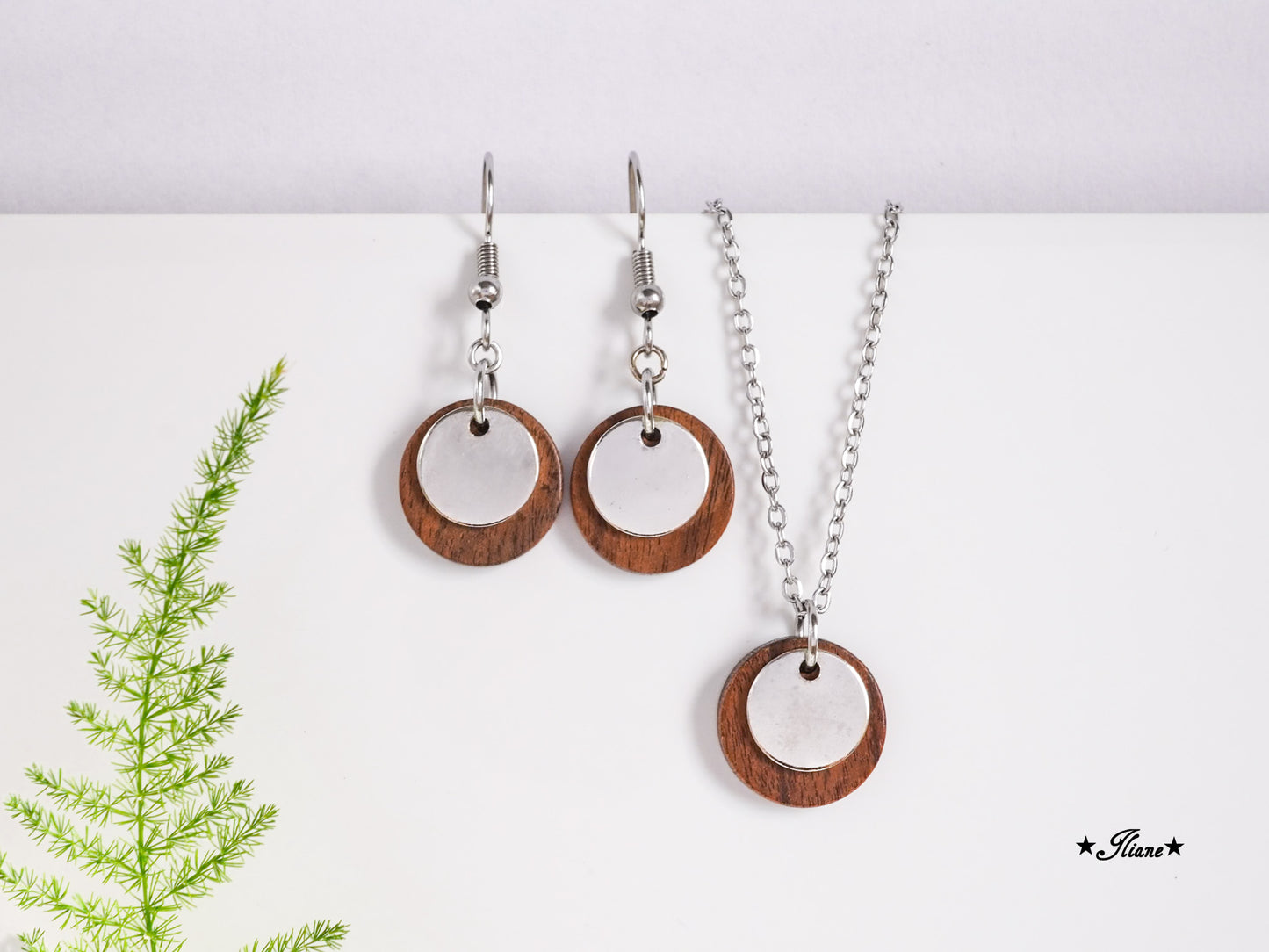 Nussbaum und Messing - SET Ohrringe und Kette silber, gold, roségold, antik bronze