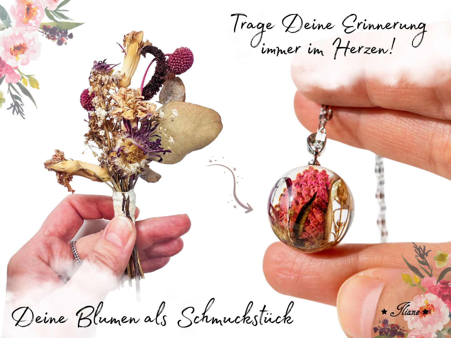 Dein persönliches Erinnerungsschmuckstück mit eigenen Blüten - Kette Kugel Edelstahl silber, gold oder roségold