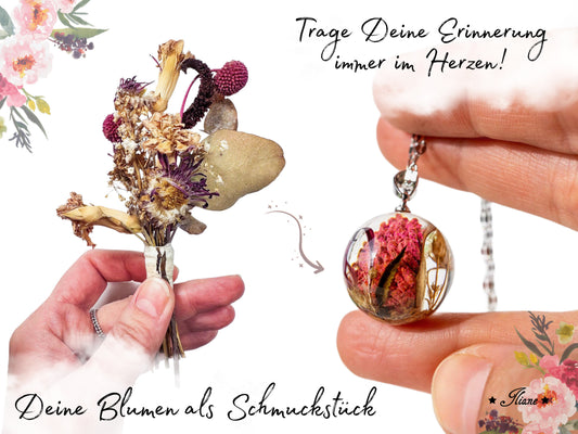 Dein persönliches Erinnerungsschmuckstück mit eigenen Blüten - Kette Kugel Edelstahl silber, gold oder roségold