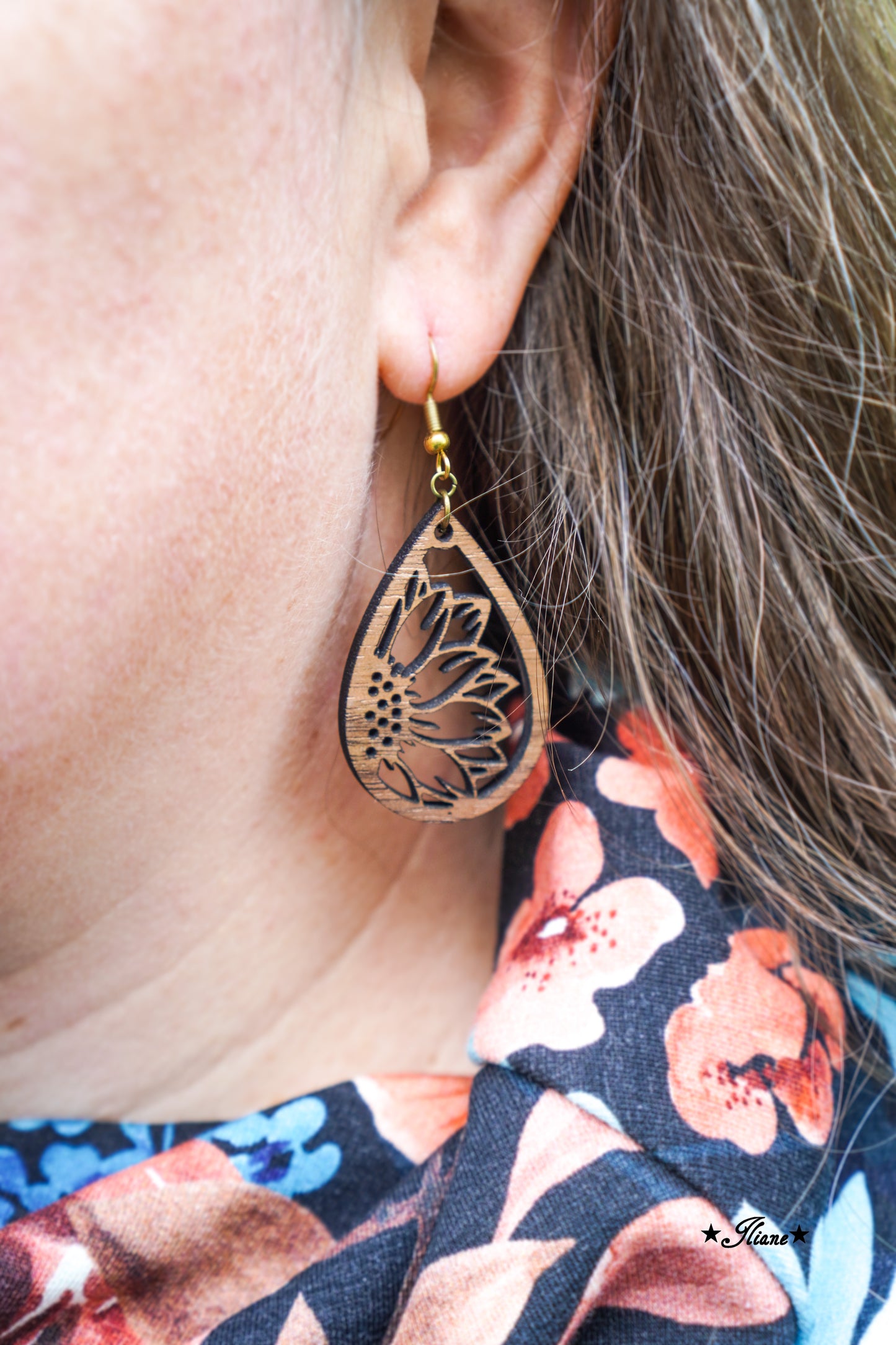 Holzohrringe Sonnenblume Boho Tropfen