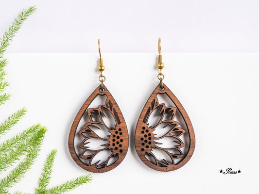 Holzohrringe Sonnenblume Boho Tropfen