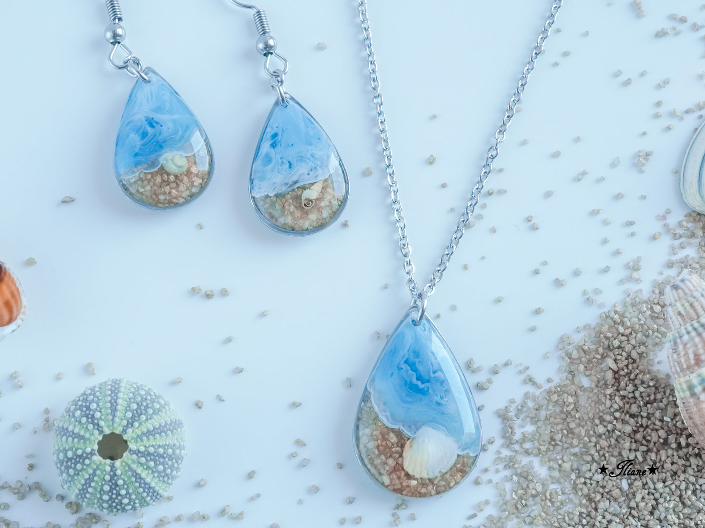 Meeresrauschen 1 - SET mit Strandsand und Muscheln - Edelstahl silber