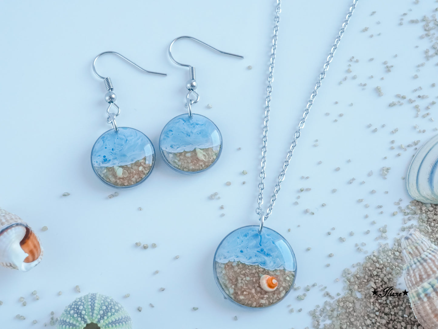 Meeresrauschen 6 - SET mit Strandsand und Muscheln - Edelstahl silber