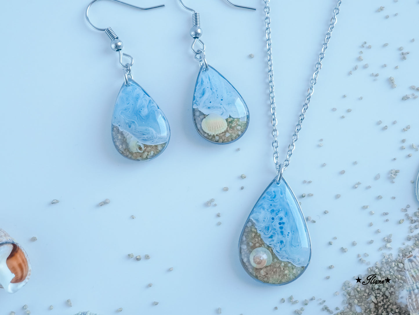 Meeresrauschen 2 - SET mit Strandsand und Muscheln - Edelstahl silber