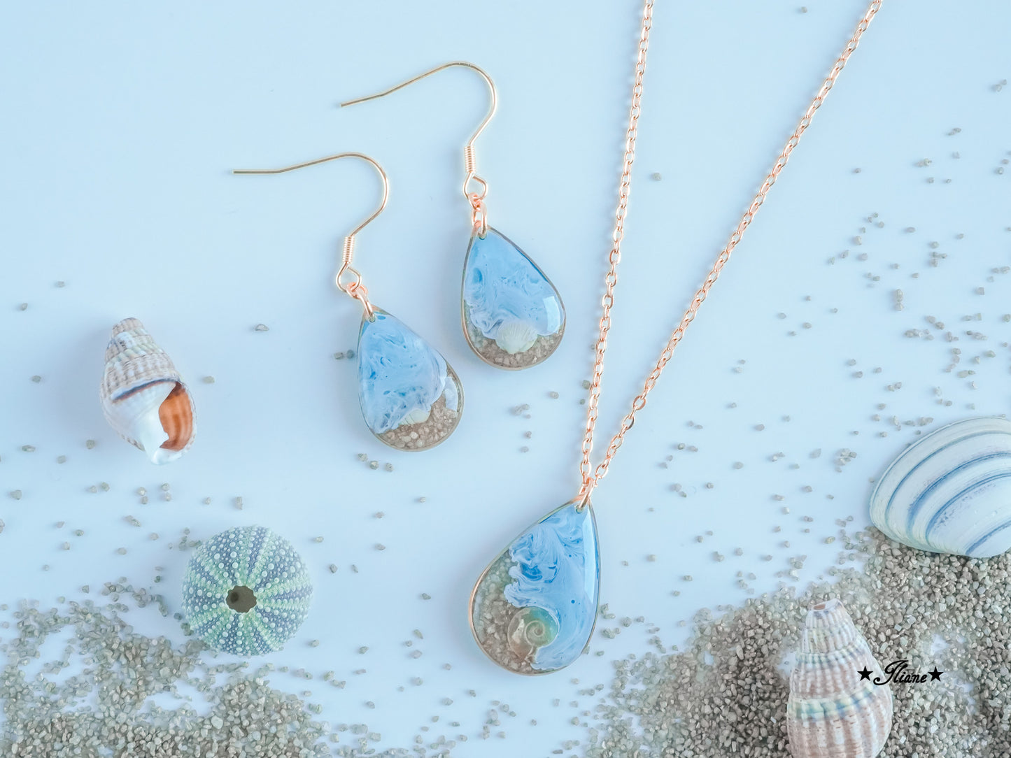 Meeresrauschen 4 - SET mit Strandsand und Muscheln - Edelstahl gold