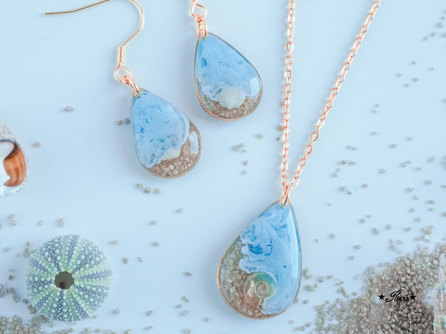 Meeresrauschen 4 - SET mit Strandsand und Muscheln - Edelstahl gold