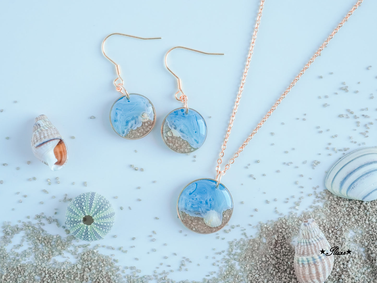 Meeresrauschen 5 - SET mit Strandsand und Muscheln - Edelstahl gold