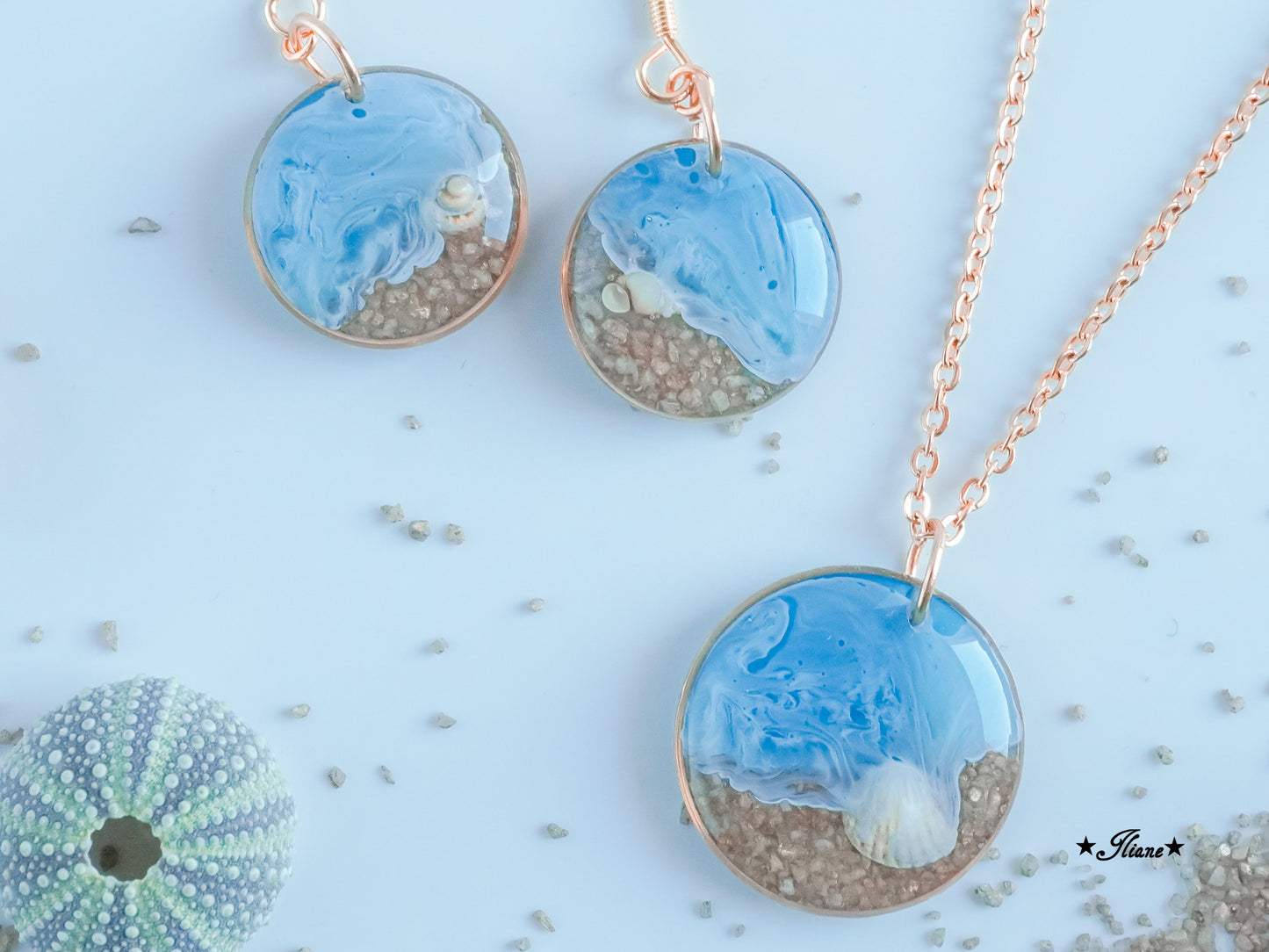 Meeresrauschen 5 - SET mit Strandsand und Muscheln - Edelstahl gold