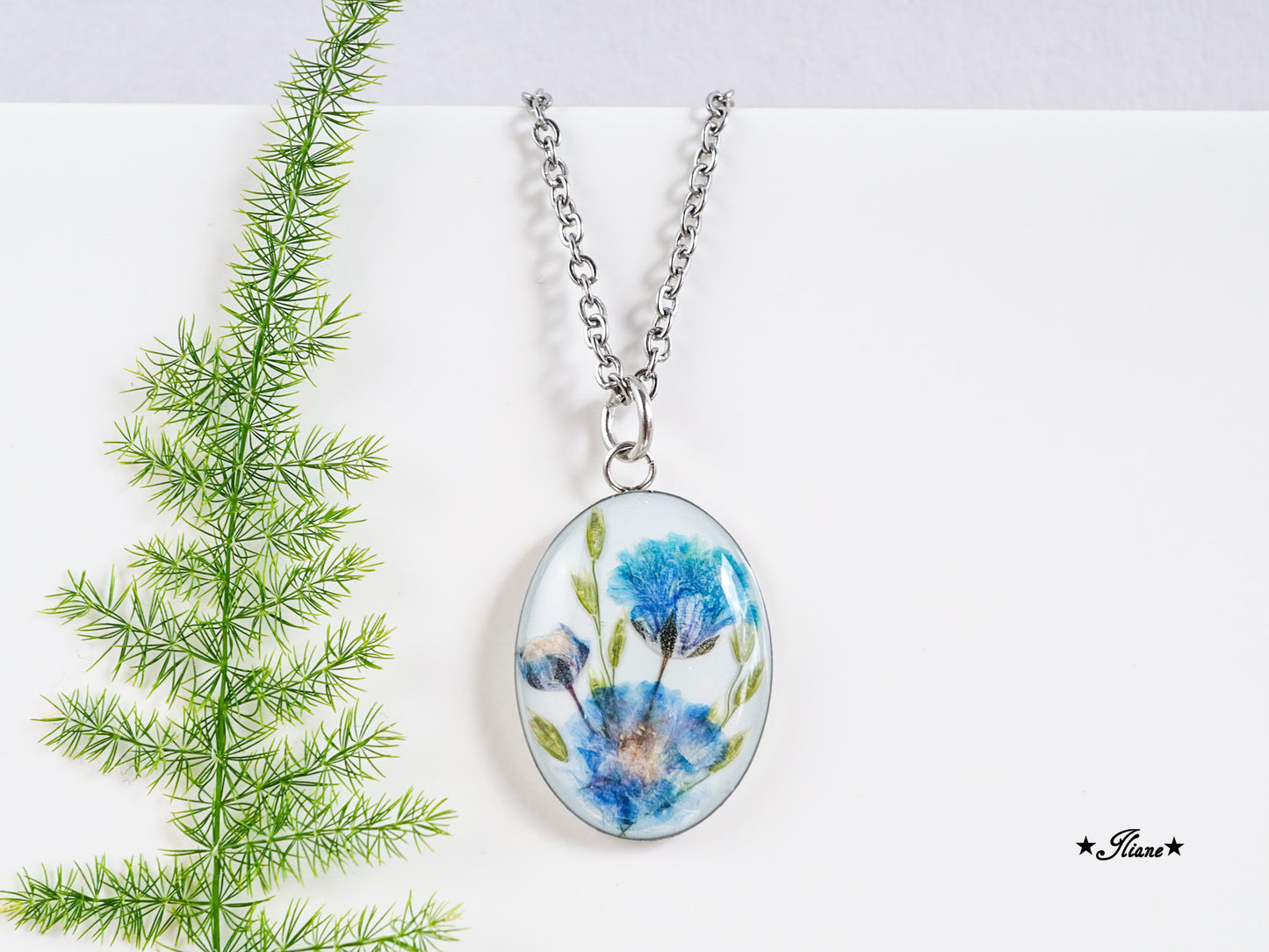 Schleierkraut blau - Kette oval Edelstahl silber 0935