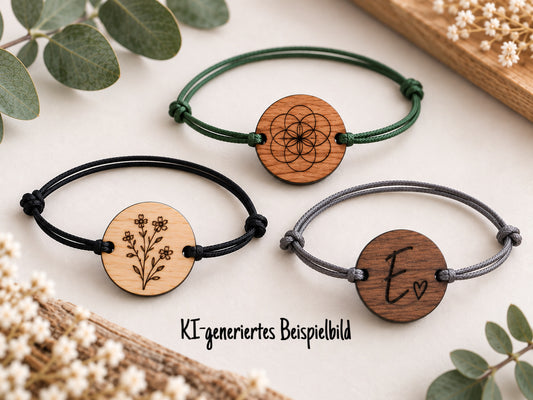 personalisiertes Armband aus Holz mit Textilarmband